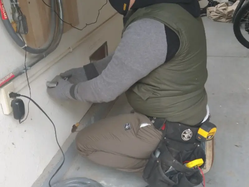 Electrician performing outlet wiring in a Clever garage